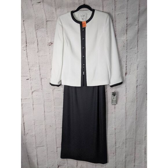 Le Suit One Button 2pc Set Suite White Blazer w Black Trim & Black Maxi Midi Ski - Picture 1 of 9
